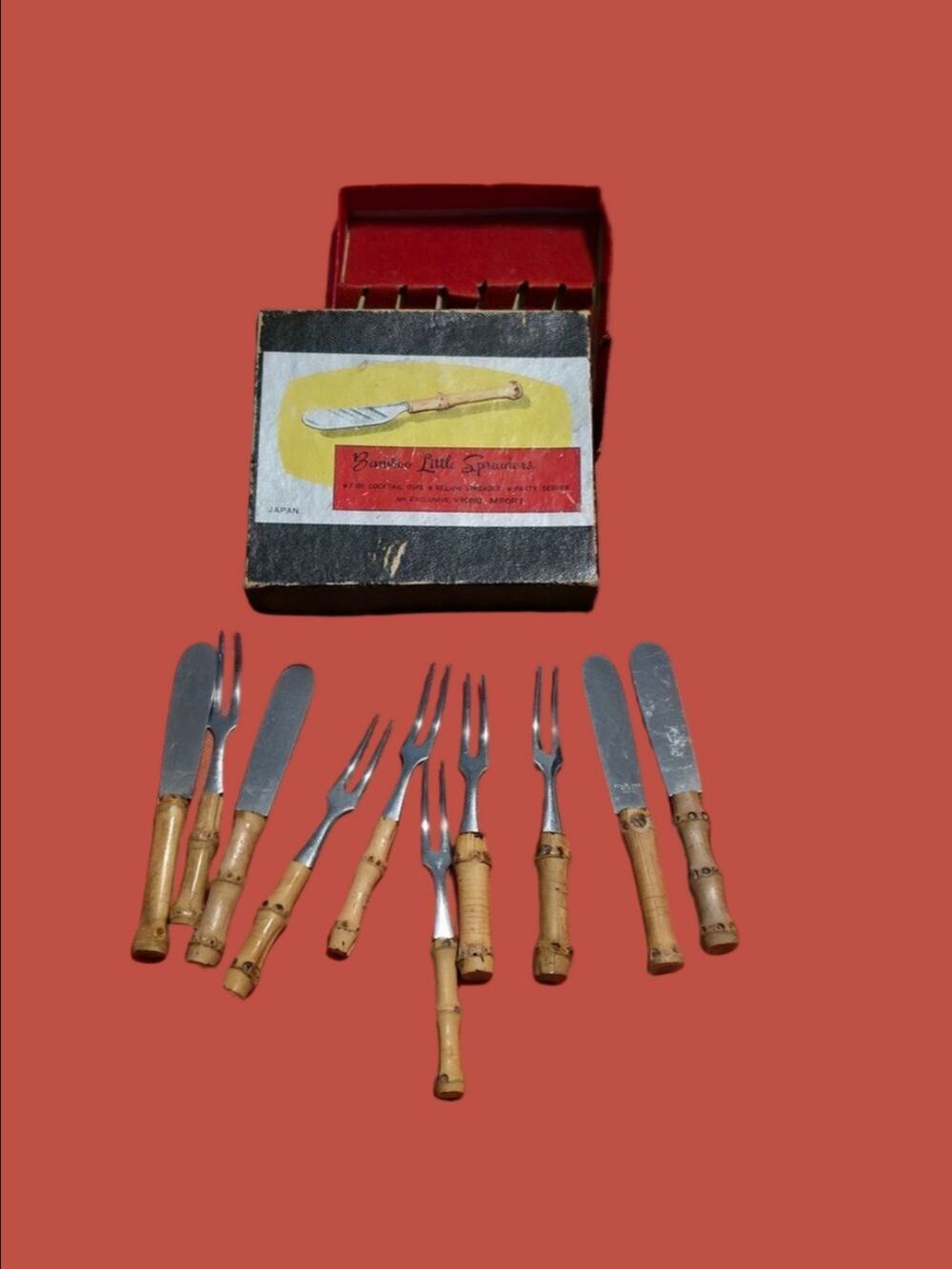 4/$25 Deal! Vintage Bamboo Handle Cocktail Server Fork and Knife Set - Small